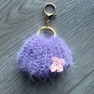 AUTHENTIC HANDKNIT CROCHET MINI PURSE CHARM KEYCHAIN, SIZE SMALL, PURPLE/PINK